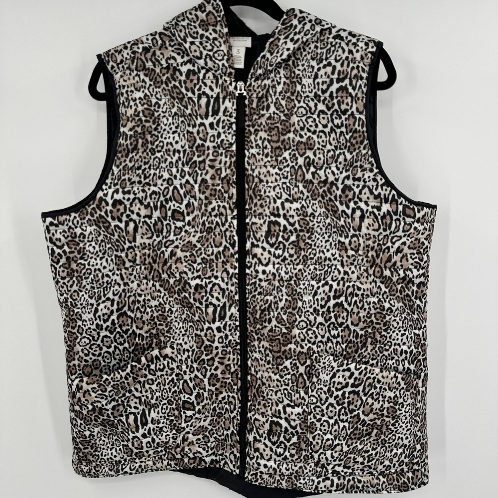 Chicos Jacket Womens 3 Leopard Print Hooded Full Zip Quilted Sleeveless Vest‎